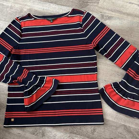 Lauren Ralph Lauren Tops - Lauren Ralph Lauren Stripe Bell Cuff Top Womens Size XL Blue Coral Boat Neck